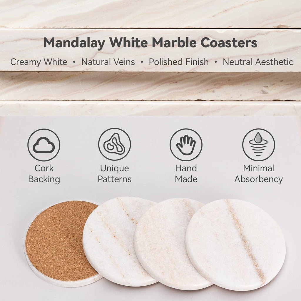 Cream White Marble Coasters, Modern Neutral Drink Coaster for Coffee Table, 4" Round Polished Natural White - Set of 4
