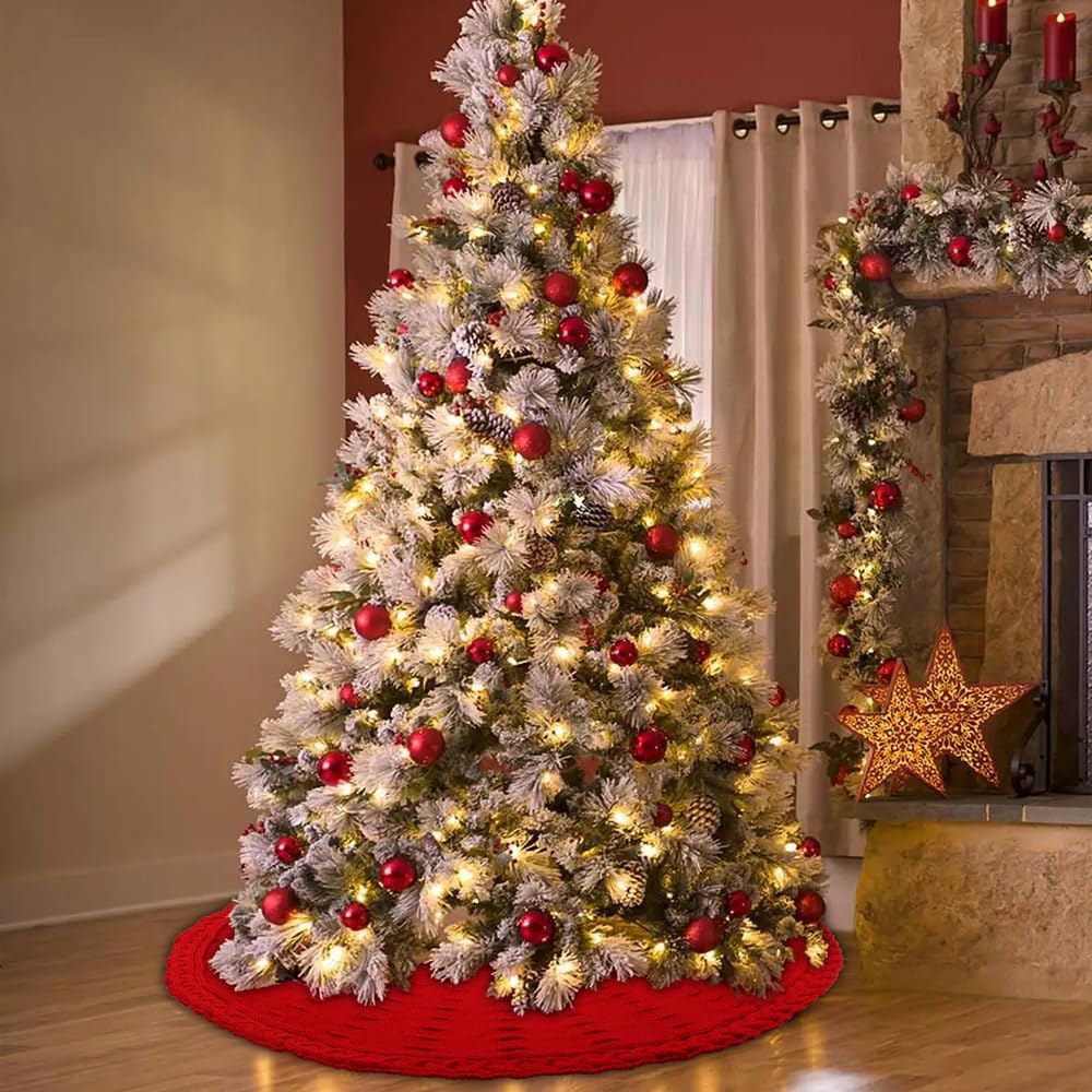 36 Inches Christmas Knitted Tree Skirt Decorations Xmas Large Red Chunky Cable Farmhouse Thick Rustic Tree Skirt