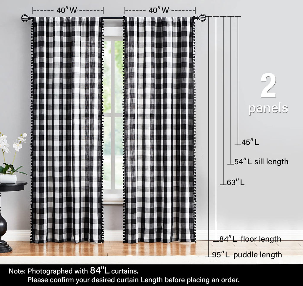 PomPom Buffalo Check Curtains 63" White Black Rustic Farmhouse Living Room