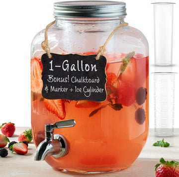 1 Gallon Glass Water Dispenser with Stainless Steel Spigot + Marker & Chalkboard, & Ice Cylinder - 100% Leakproof