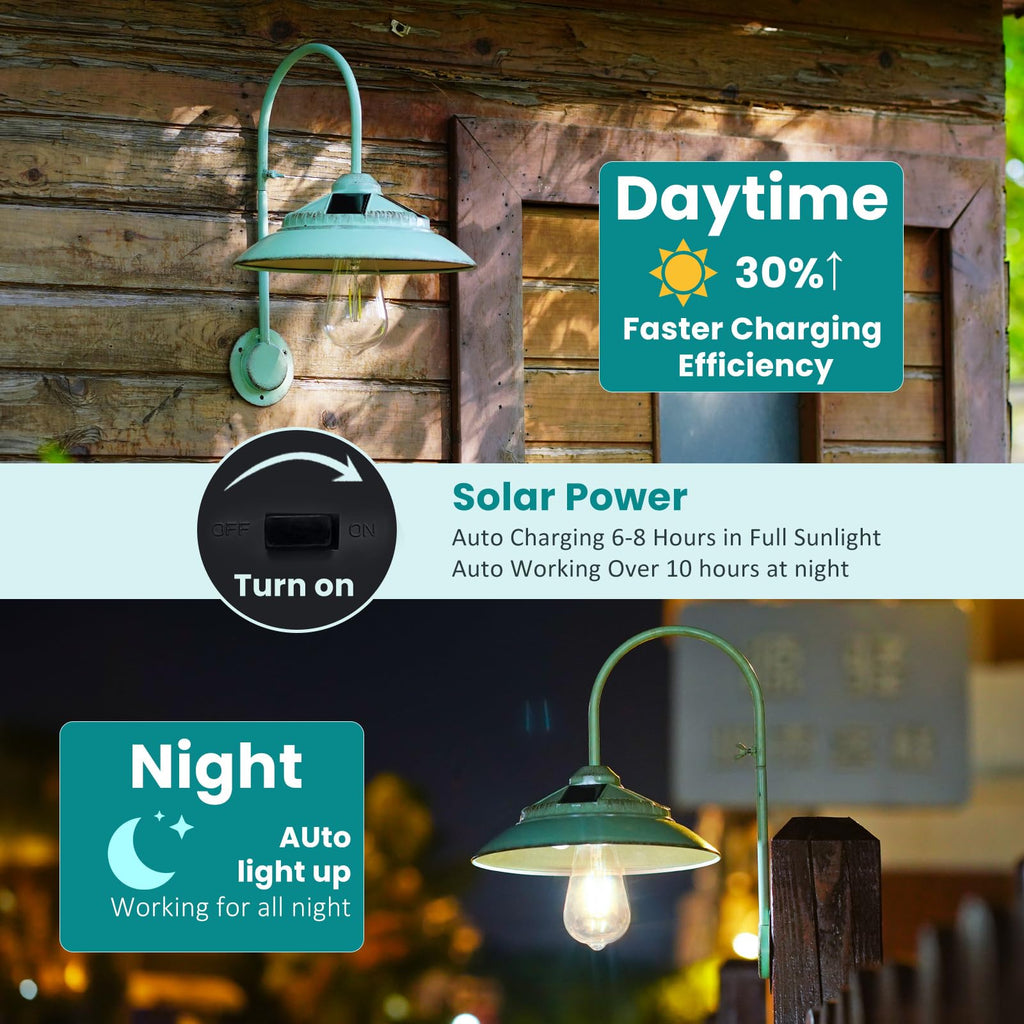 Solar Barn Lights with Motion Sensor - Metal Solar Porch Lights Outdoor with 4 High Efficiency Solar Panels - Rustic