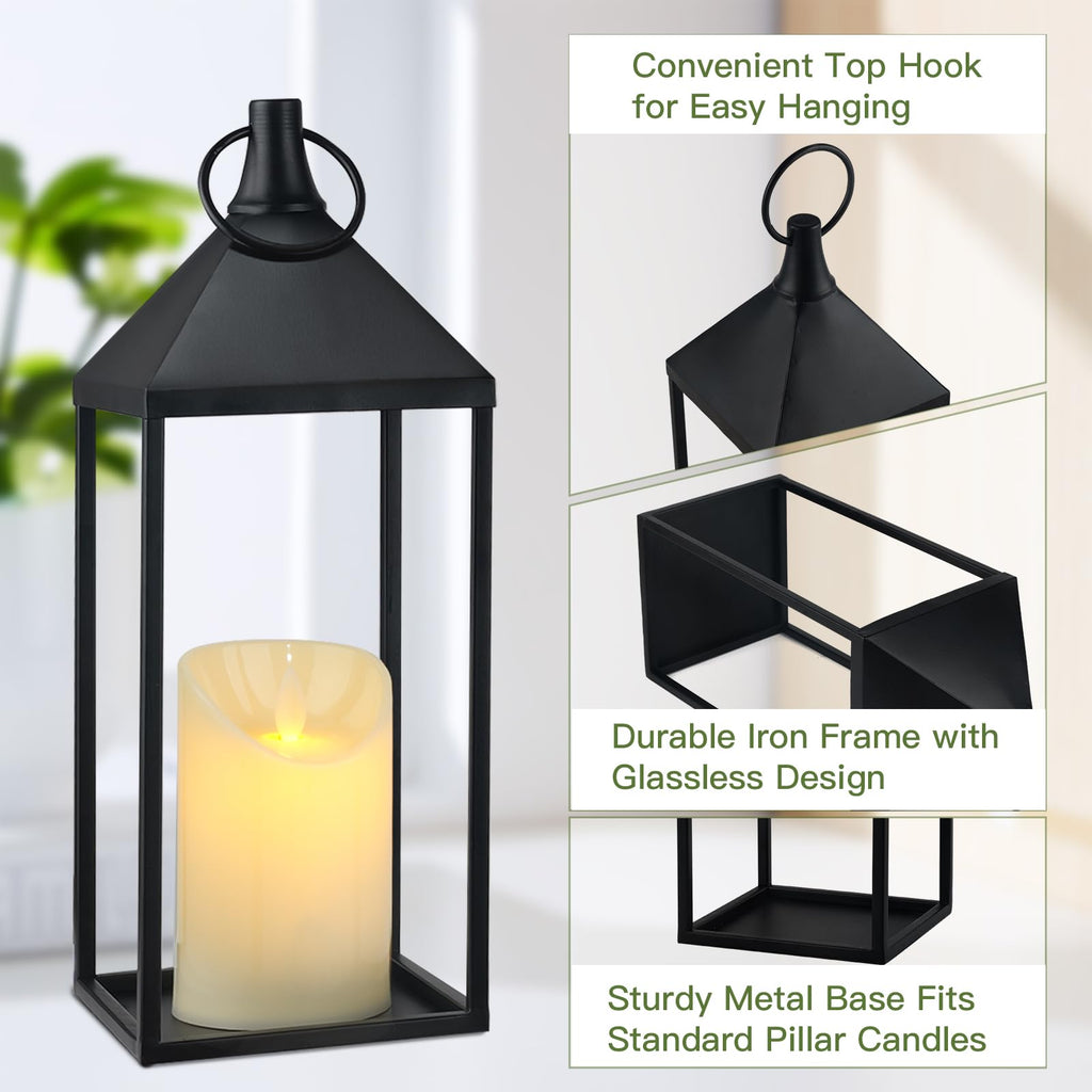 17" 13" Modern Farmhouse Candle Lantern Decor Set of 2 Black Metal Candle Lanterns with Flameless Candles, Lanterns