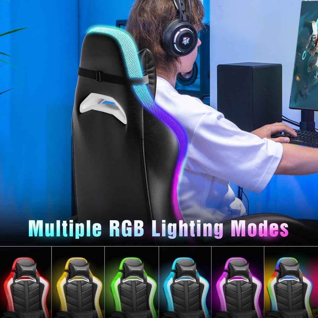 Gaming Chair, Computer Chair with RGB LED Lights, High Back Ergonomic Chair for Adults with Footrest and Linkage