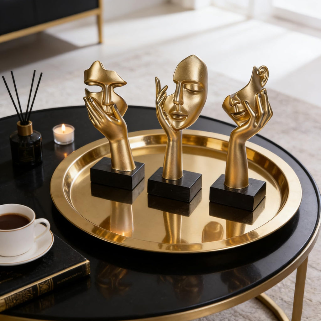 3 Pcs Thinker Small Statue Set - Black Gold Home Decor Abstract Art Figurines for Shelves, Living Room Coffee Table