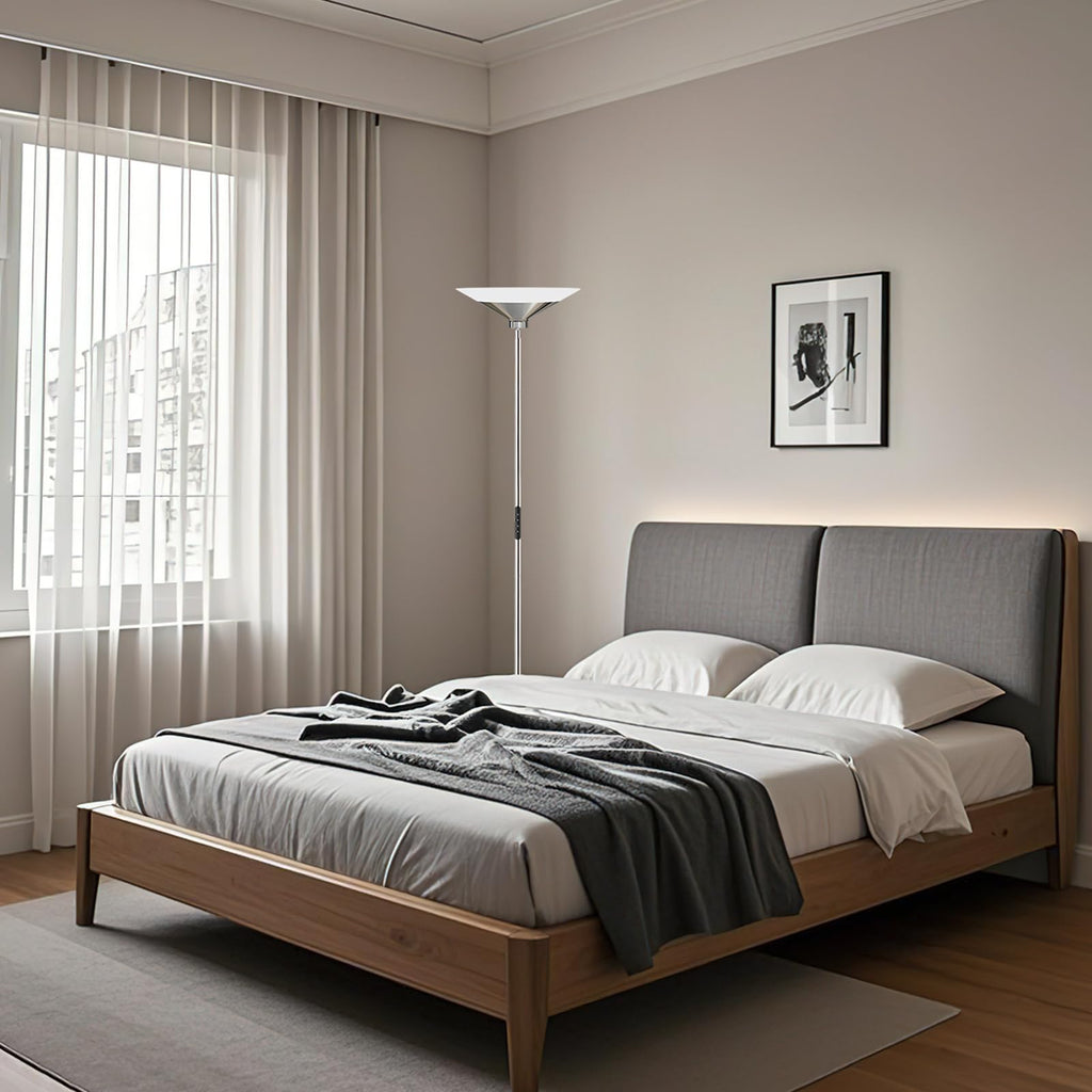 Metallic Silver Torchiere Floor Lamp - 30W Dimmable LED Standing Lamp with Remote/Button Control, 1800Lm
