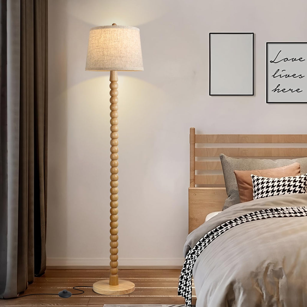 Real Wood Floor Lamp, Wooden Standing Lamp with 3 Color Changing Bulb Included, Tall Lamp with Linen Shade, Farmhouse