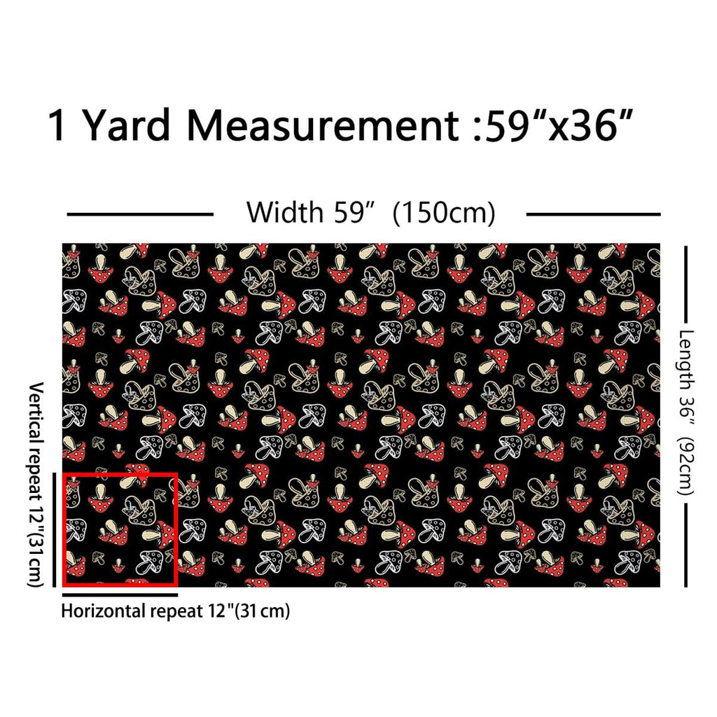 Cute Mushroom Botanica Mushrooms Pattern Upholstery Fabric, Kawaii Fungus Fabric for Chairs, 10 Yards, Red Black White