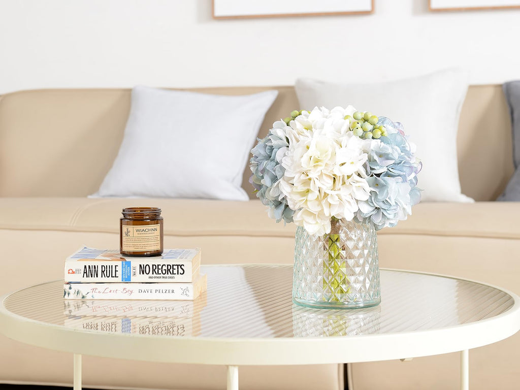 Hydrangeas Floral Arrangement in Glass Vase; Fake Blue