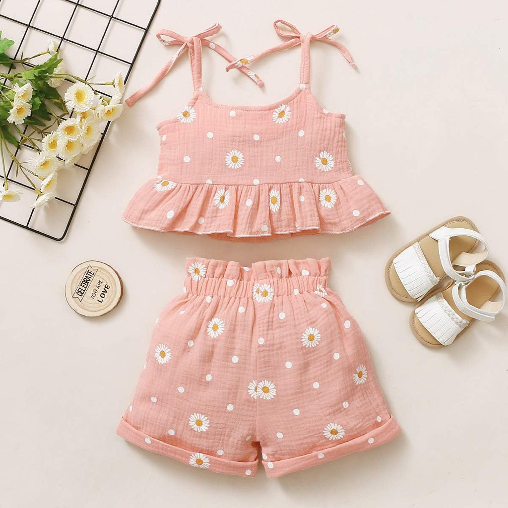 Toddler Baby Girl Summer Clothes Daisy Floral Print Halter Ruffle Tank Tops Shorts Outfits set