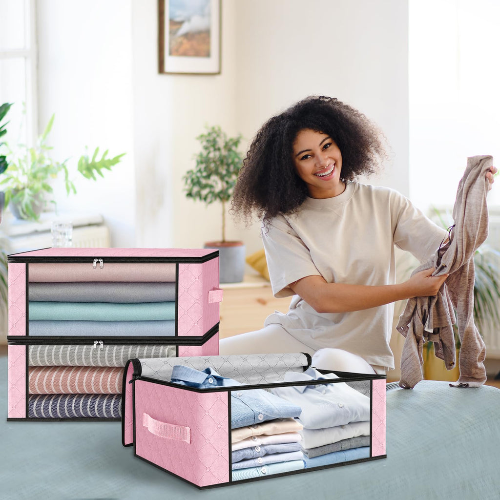 4-Pack Clothes Organizer Storage Bags, 35L Storage Bins, Pink