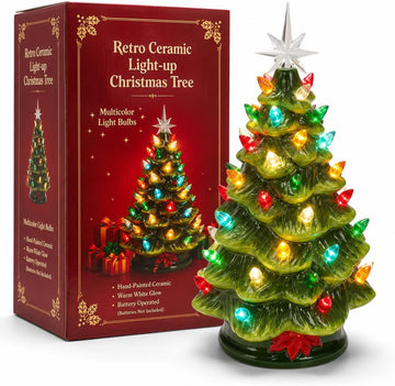 13 Inch Ceramic Christmas Tree with Multicolored Lights and Star, Battery Operated Vintage Lighted Tabletop Christmas