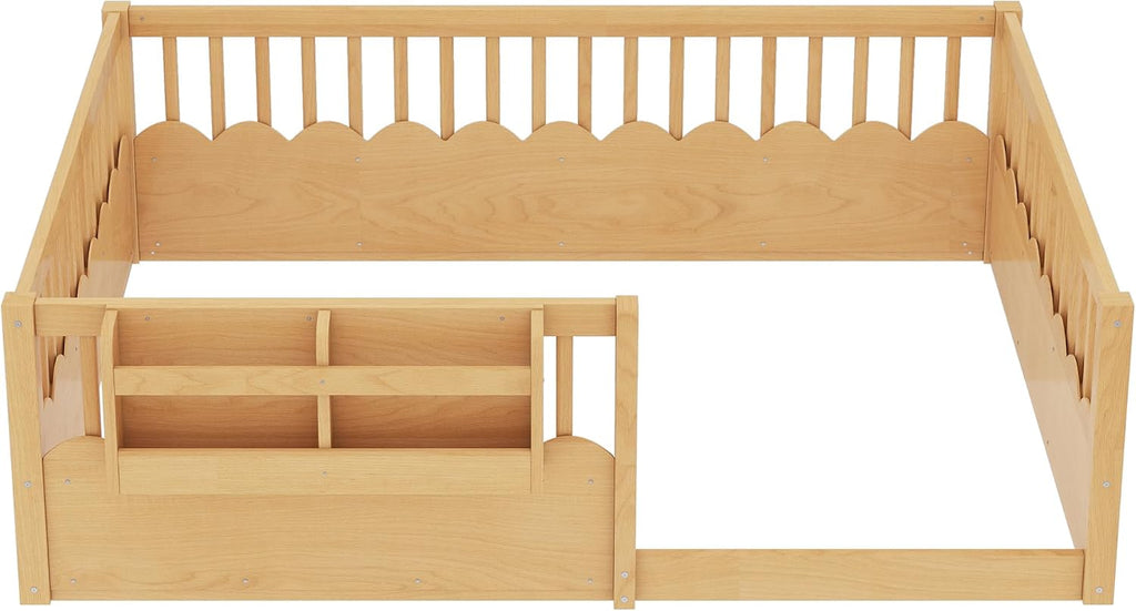 Floor Bed with Fence and Bookshelf, Solid Wood Montessori Floor Bed Frame with Storage Shelves, Low Profile