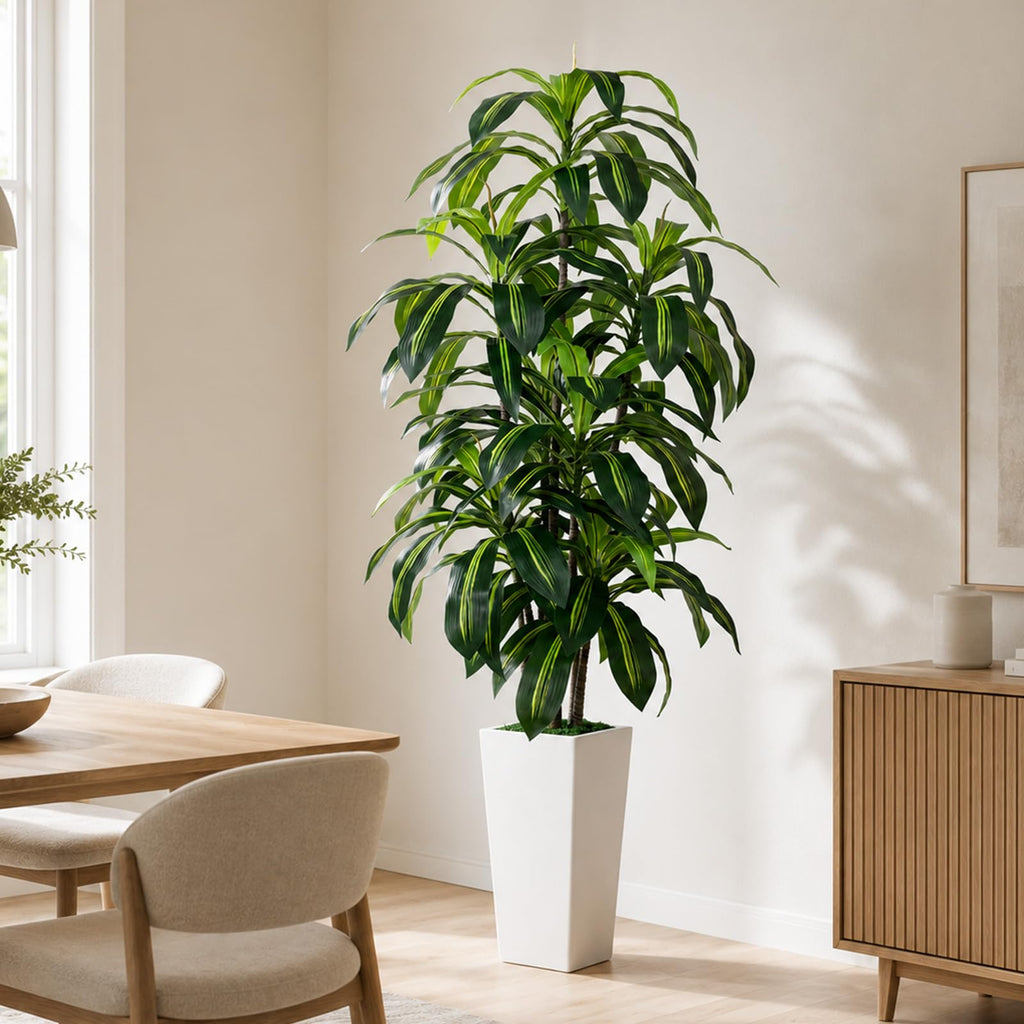 6FT Artificial Dracaena Tree, Fake Tree Indoor with White Tall Planter, Tall Artificial Plants Indoor, Artificial Silk