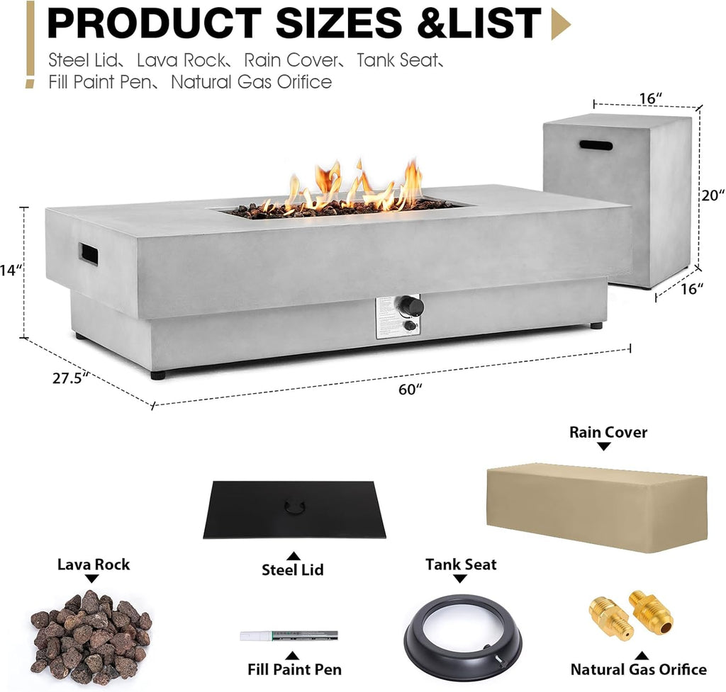 60-inch Fire Pit Table w/Tank Cover, 2-Piece Outdoor Propane/Natural Gas Firepit for Outside Patio