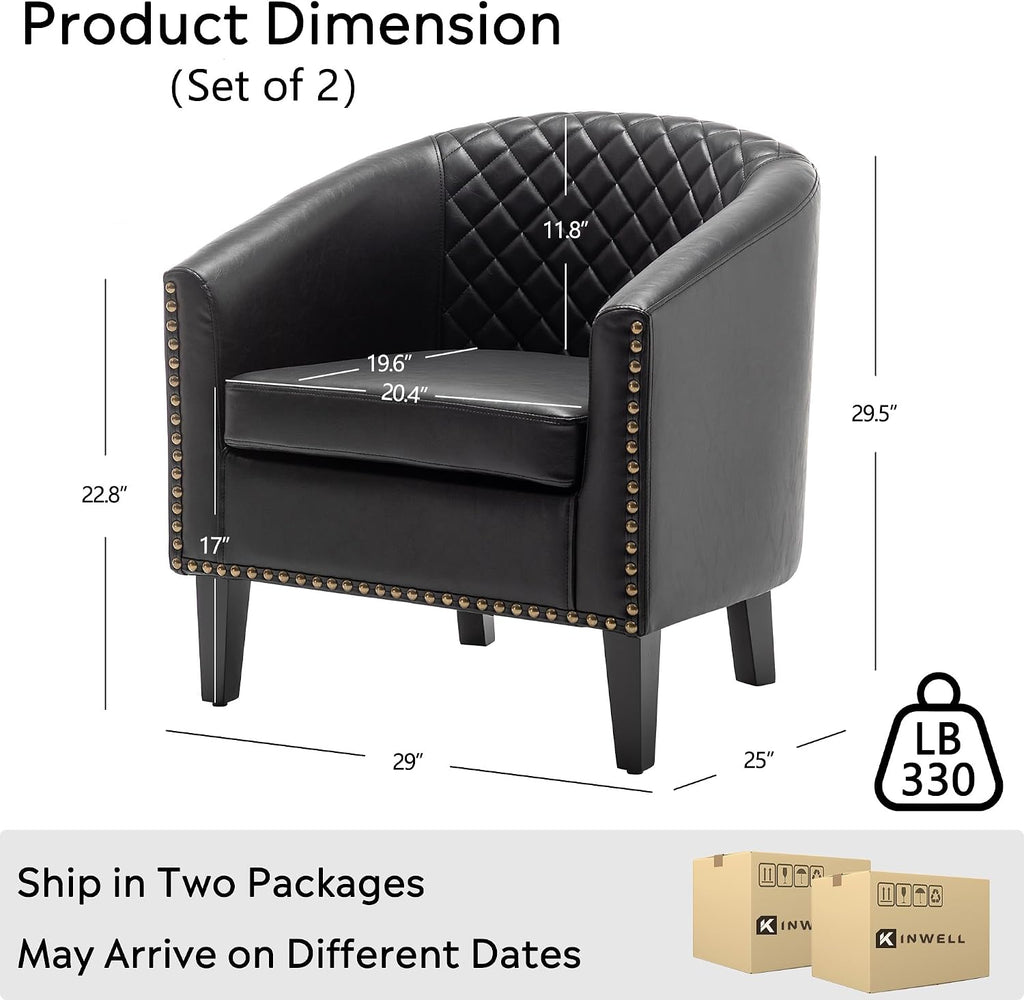 29" W Faux Leather Tufted PU Barrel Club Chairs, Black - Set of 2