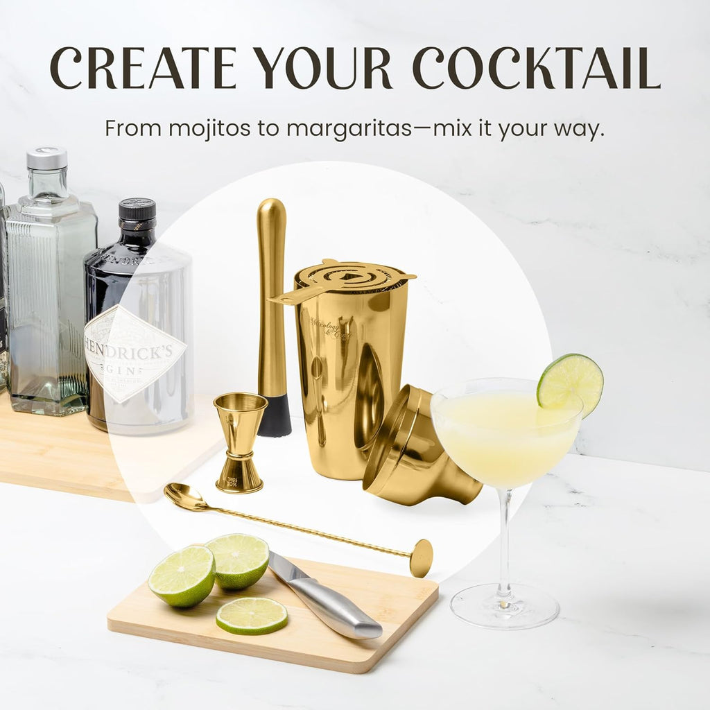 Cocktail Shaker Set with Dark Bamboo Stand - Professional 10-Piece Bartender Kit - Complete Bar Set & Cocktail Mixer - Set of 10