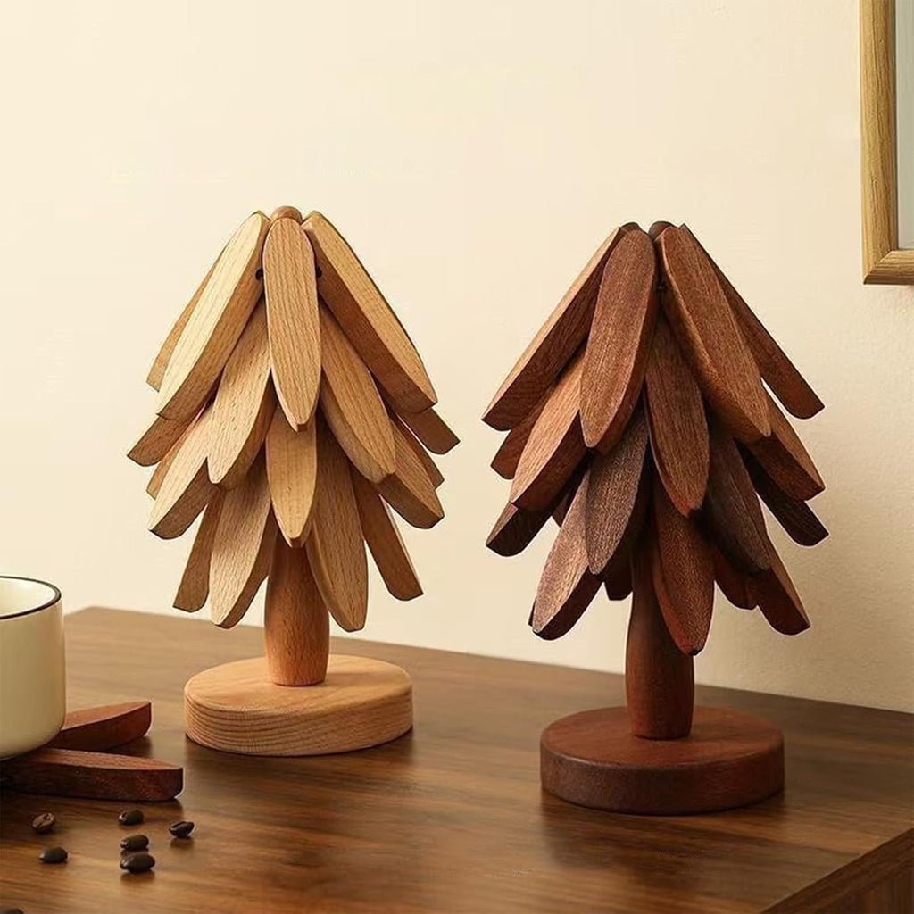 Natural Tree Trivet Set, 3/4/5 Wooden Trivets & 1 Stand Like a Christmas Tree, for Hot Pots and Dishes & Cup (Walnut