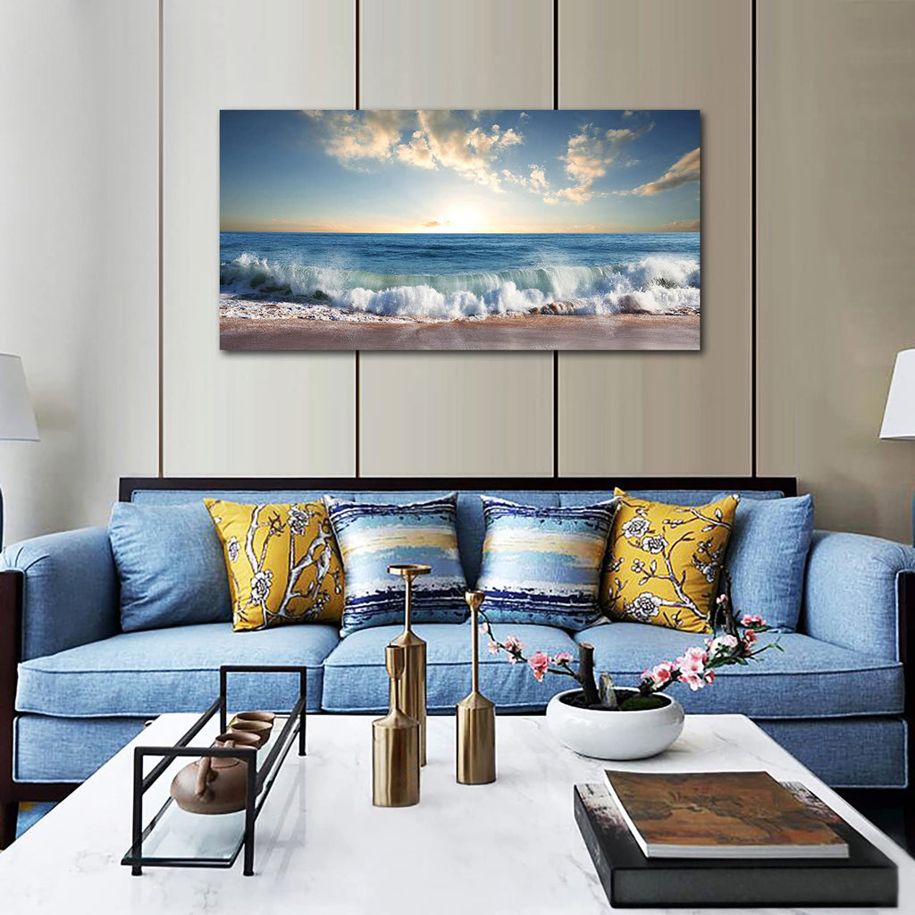 Beach Sunset Canvas Wall Art Blue Ocean Wave Nature Prints, 24"x48"