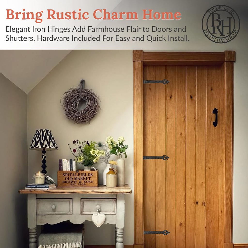 4 Pack 6" Black Faux Strap Hinges - Hand Forged Dummy Faux Hinge - Handmade Rustic Iron Hinges for Farmhouse Shutter