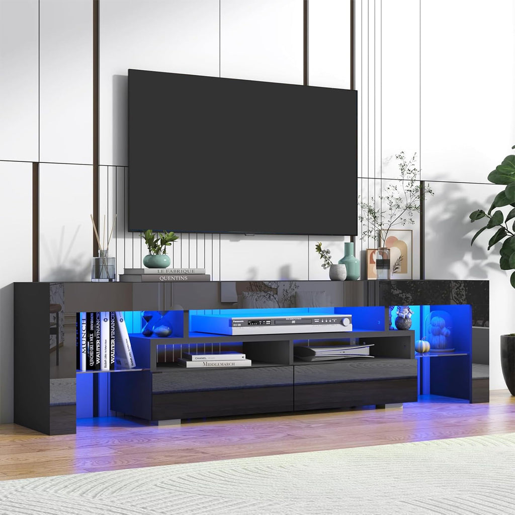 70in LED for 75/80/85 inch TV, Modern Black TV Stands, High Gloss TV Entertainment Center with 2 Large Storage