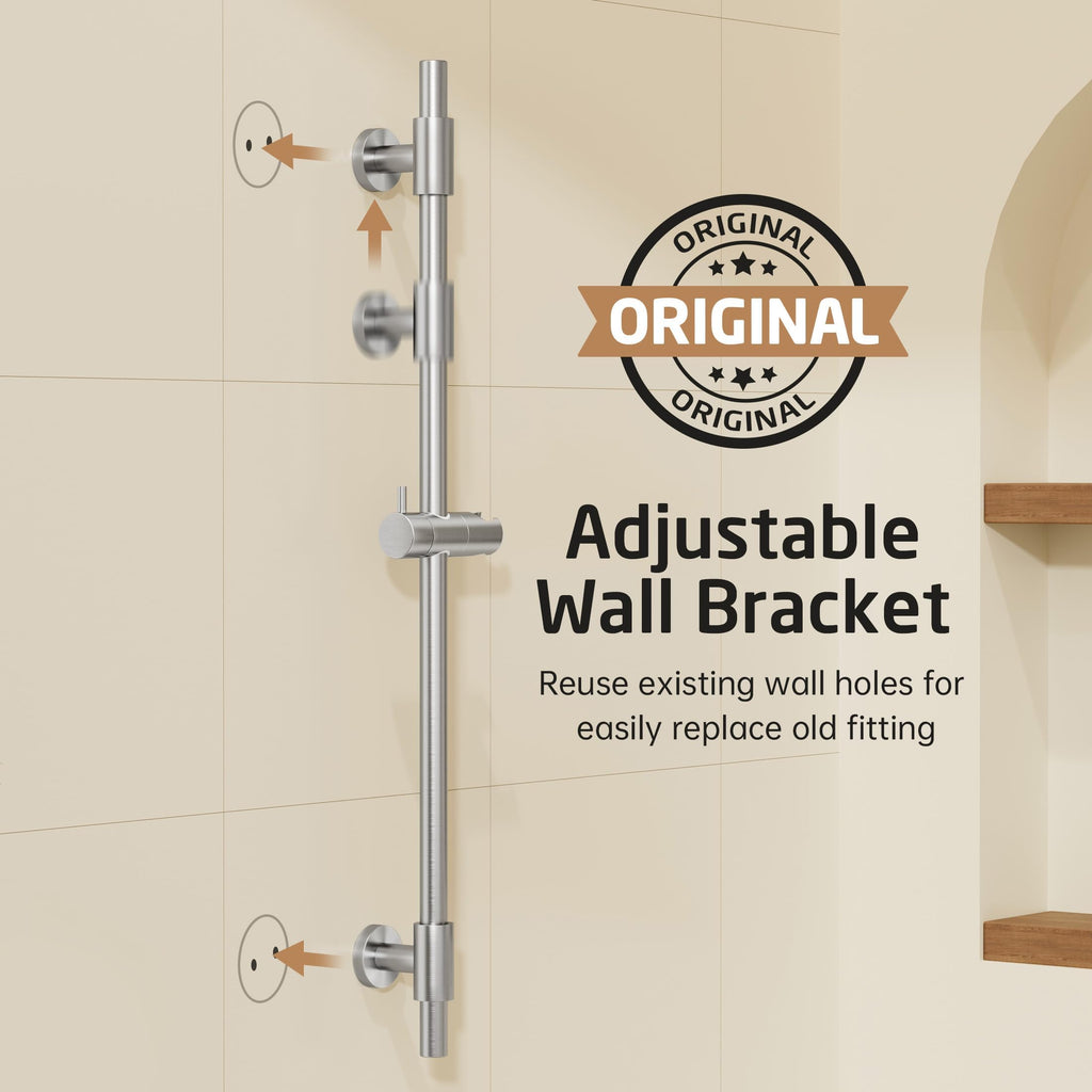 30-Inch Shower Slide Bar with Adjustable Handheld Shower Head Holder, Reuse Existing Holes, SUS304 Brushed Stainless