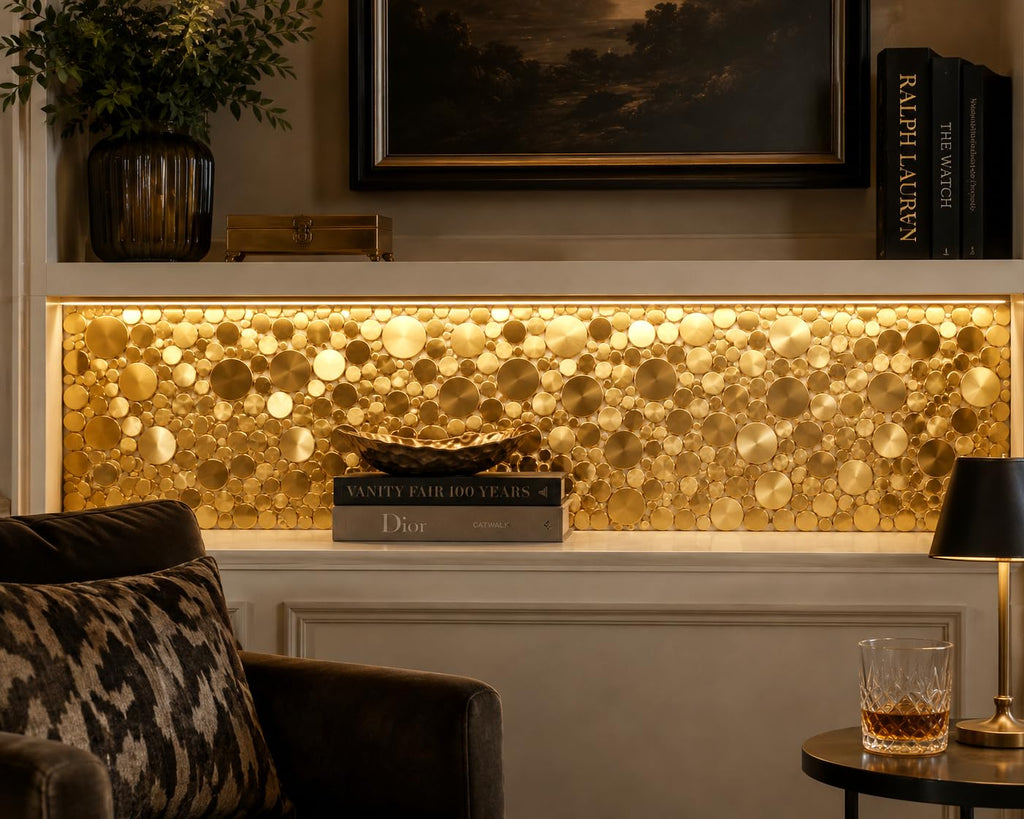 Gold Tile Backsplash Wall Penny Round Bubble Tiles Shower Floor (Box of 5 Sheets)