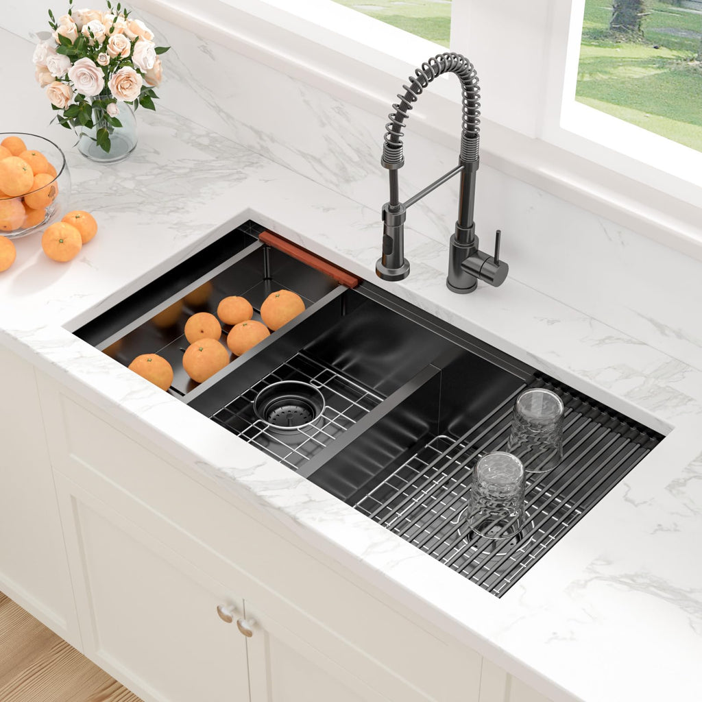 36 Inch Undermount Double Bowl Low Divided Large Workstation Gunmetal Black Sink Stainless Steel 16 Gauge 50/50 Sinks