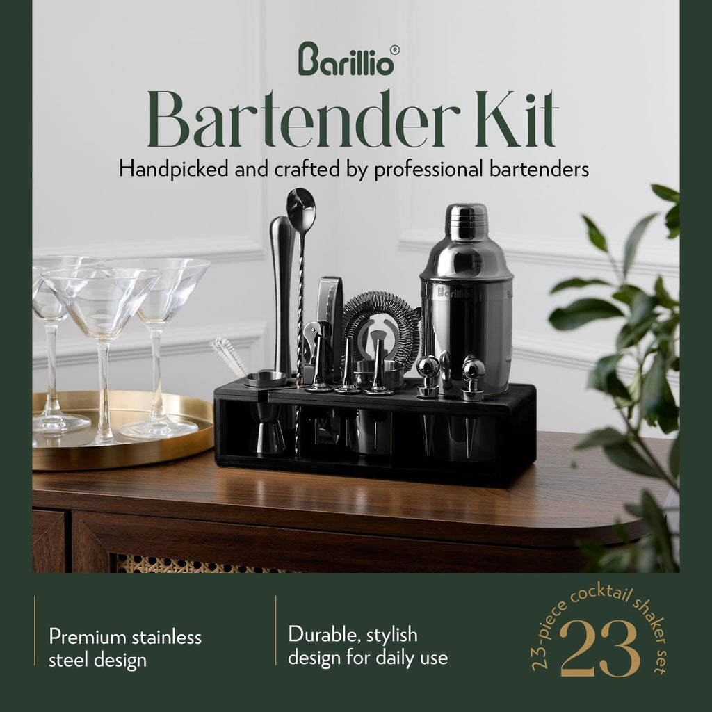 Black Bartender Kit - Stainless-Steel Cocktail Shaker Set w/Black Bamboo Stand - Mixology Bar Tools w/Drink Shaker - Set of 23