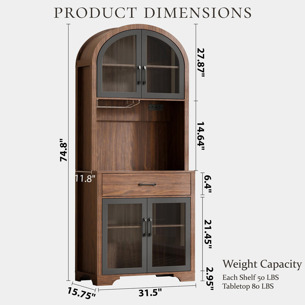 75" Arched Kitchen Pantry Cabinet, Coffee Bar Hutch Cabinet