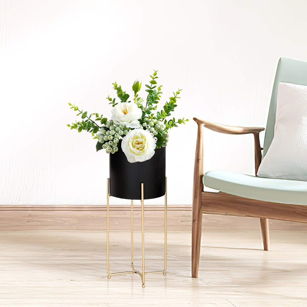 Modern Planters Stand with Pot, Mid Century Tall Black Planter with Gold Plant Stand, Floor Planter for Indoor Plants