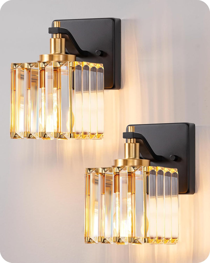 Wall Sconces Set of Two, Bathroom Light Fixtures with Crystal Shade, Modern Vanity Lights, Black Gold Lighting