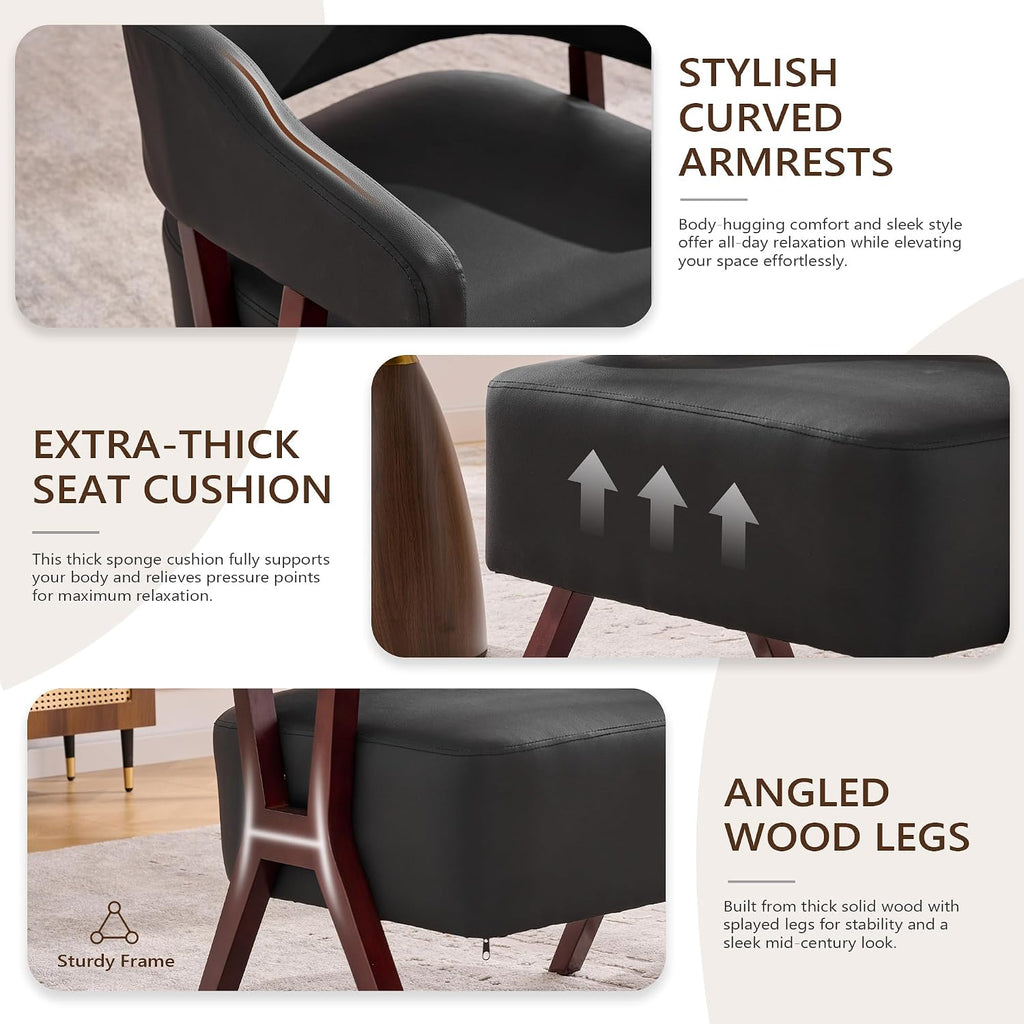 Barrel Accent Chairs, Leather Chair with Solid Wood Frame (2, Black) - Set of 2