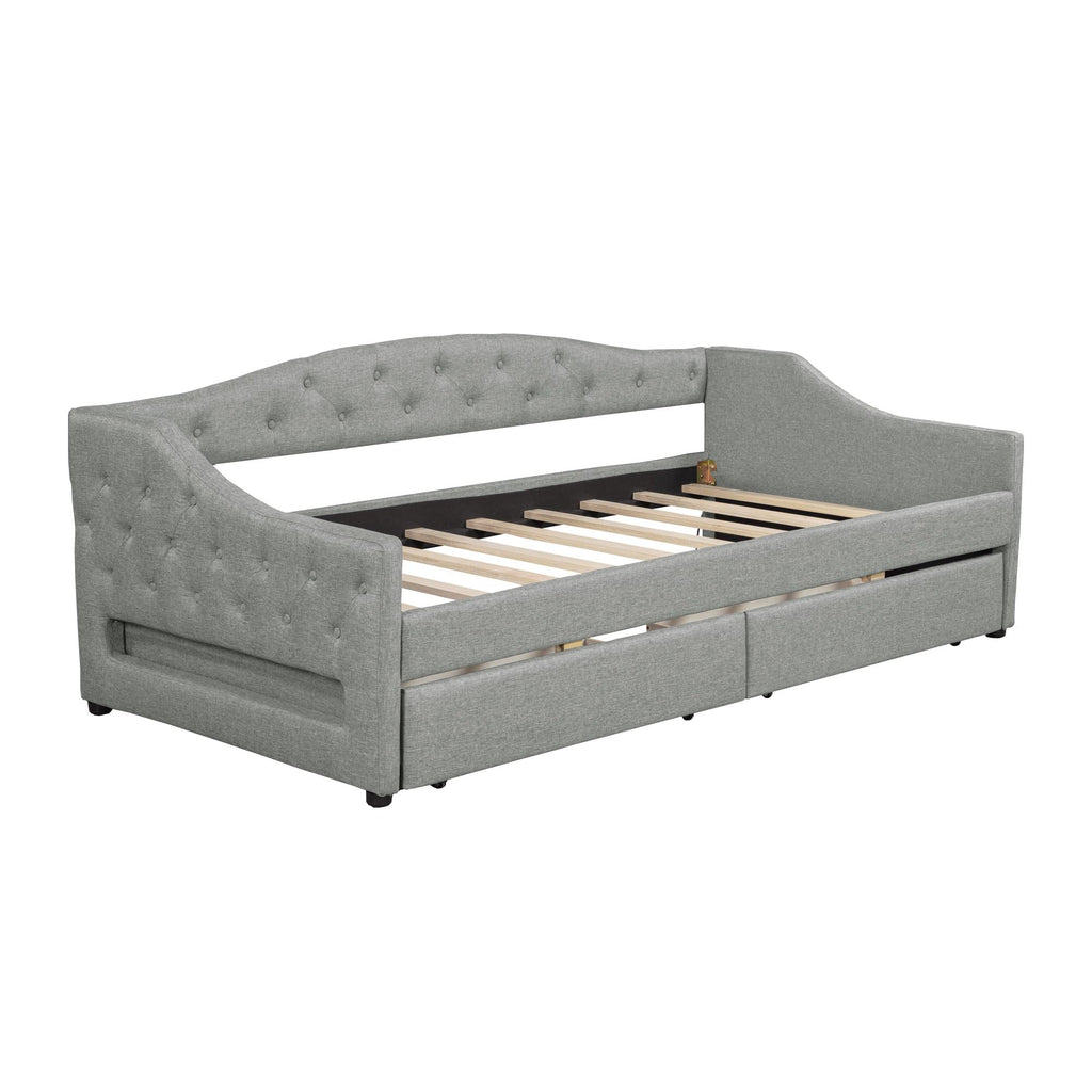 Twin XL Upholstered Daybed with LED Lights, Twin XL Corner Daybed Frame with Drawers, Linen, Light Gray