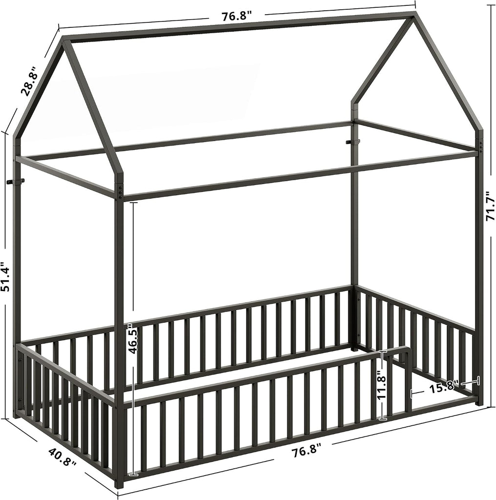 Floor Bed with Roof and Fence Guardrails, Black
