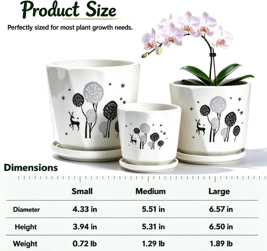 Woodland Deer Floral Ceramic Plant Pots Set of 3, Modern Nordic Planters with Drainage Hole and Saucer, Decorative