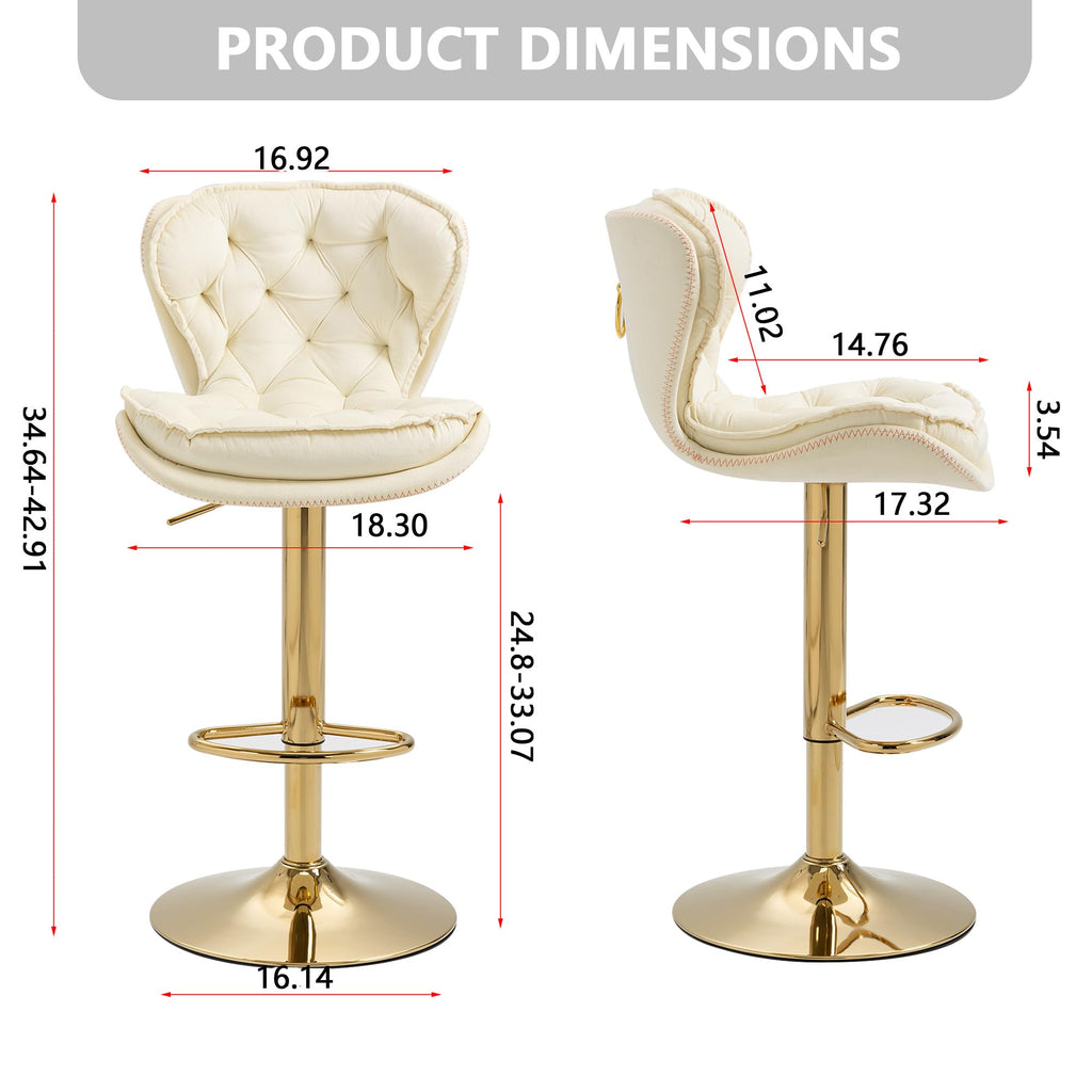 Bar Stools Set of 2, Modern Adjustable Counter Height Swivel Barstools with Velvet Tufted Upholstered Island, 360