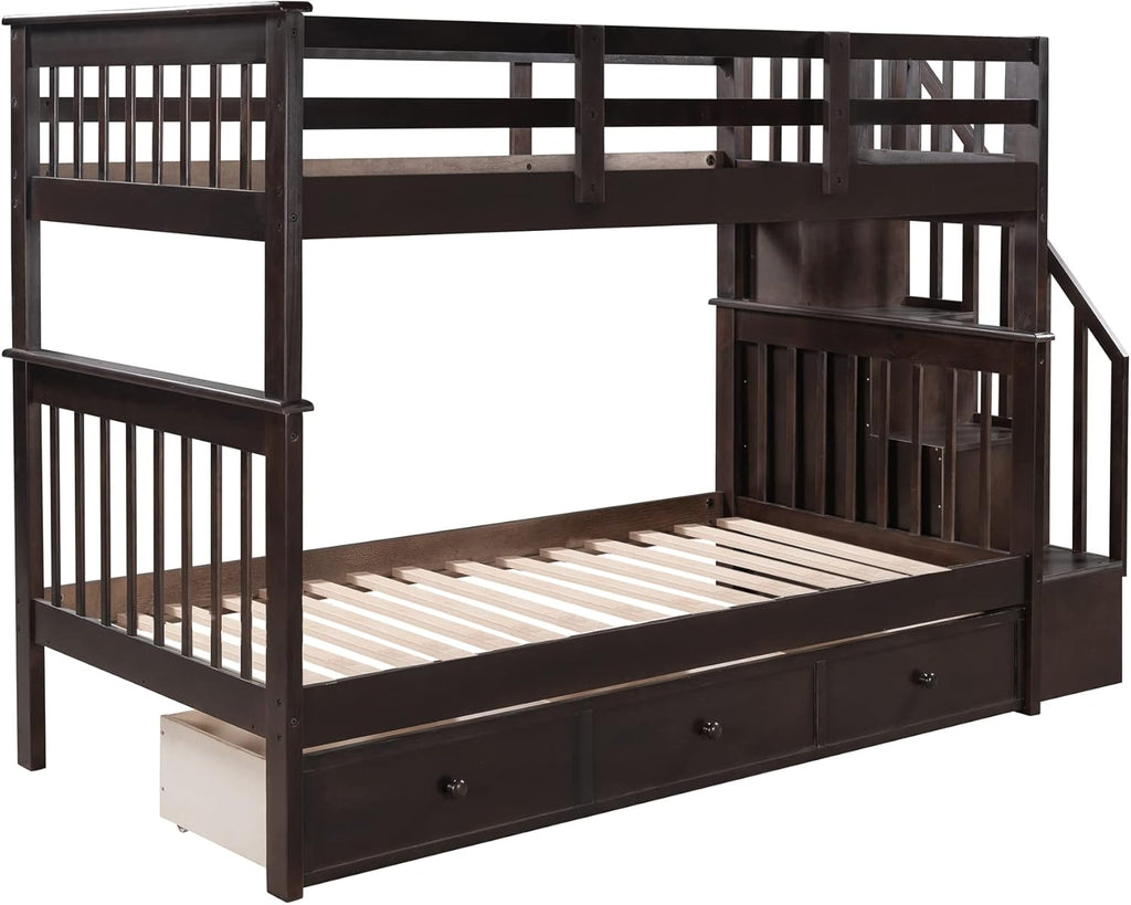 Wood Twin Over Twin Bunk Bed with Drawers and Stairs