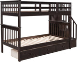 Wood Twin Over Twin Bunk Bed with Drawers and Stairs
