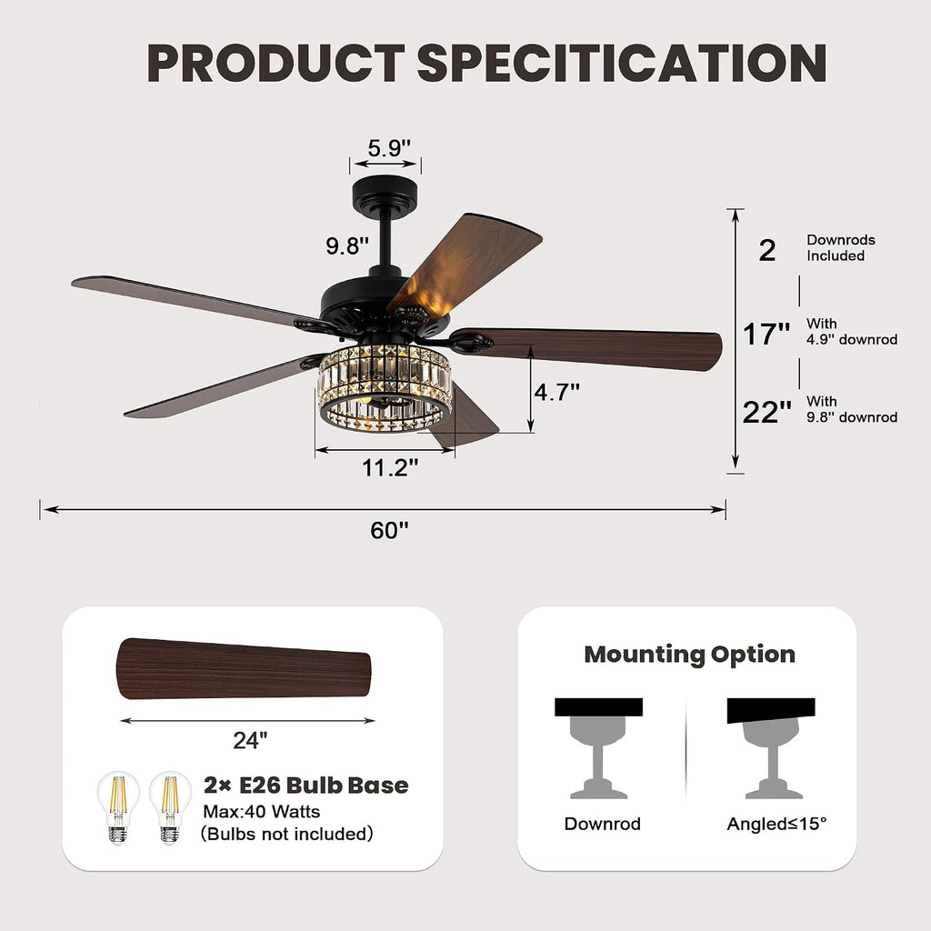 60 Inch Crystal Chandelier Ceiling Fans with Lights Black Large Modern Ceiling Fans Quiet and Reversible DC Motor 6