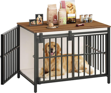 Dog Crate Furniture with Sliding Barn Door, Dog Kennel Indoor for Medium/Large Dogs, Heavy Duty Dog Cage with 2