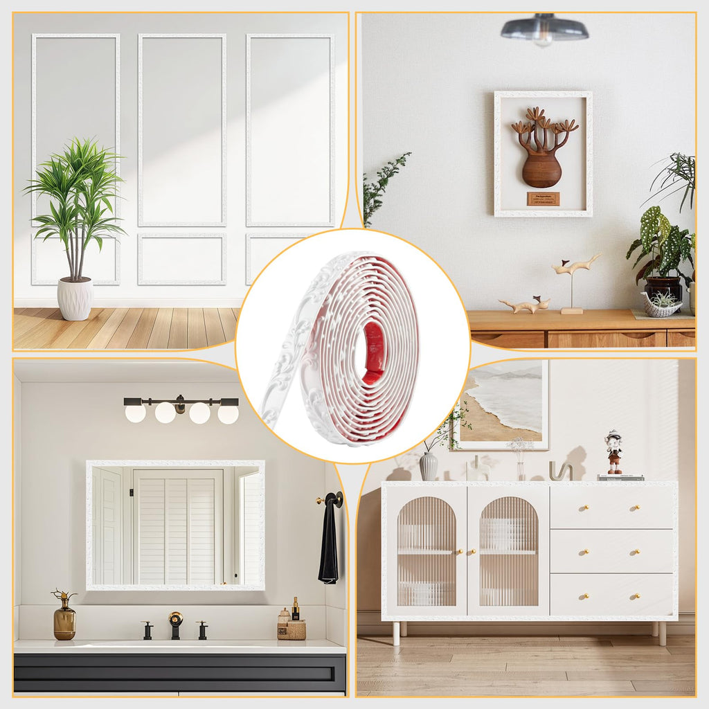 3 Pack 16.4FT White Peel and Stick Crown Molding Trim Kit - Decorative Mirror Border, Flexible Adhesive Trim for