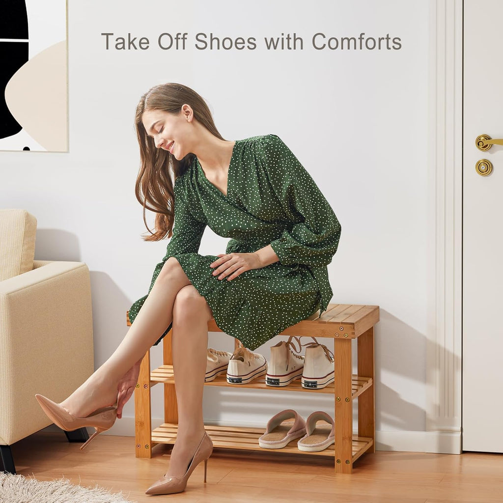 3 Tier Bamboo Shoe Rack Bench, Natural