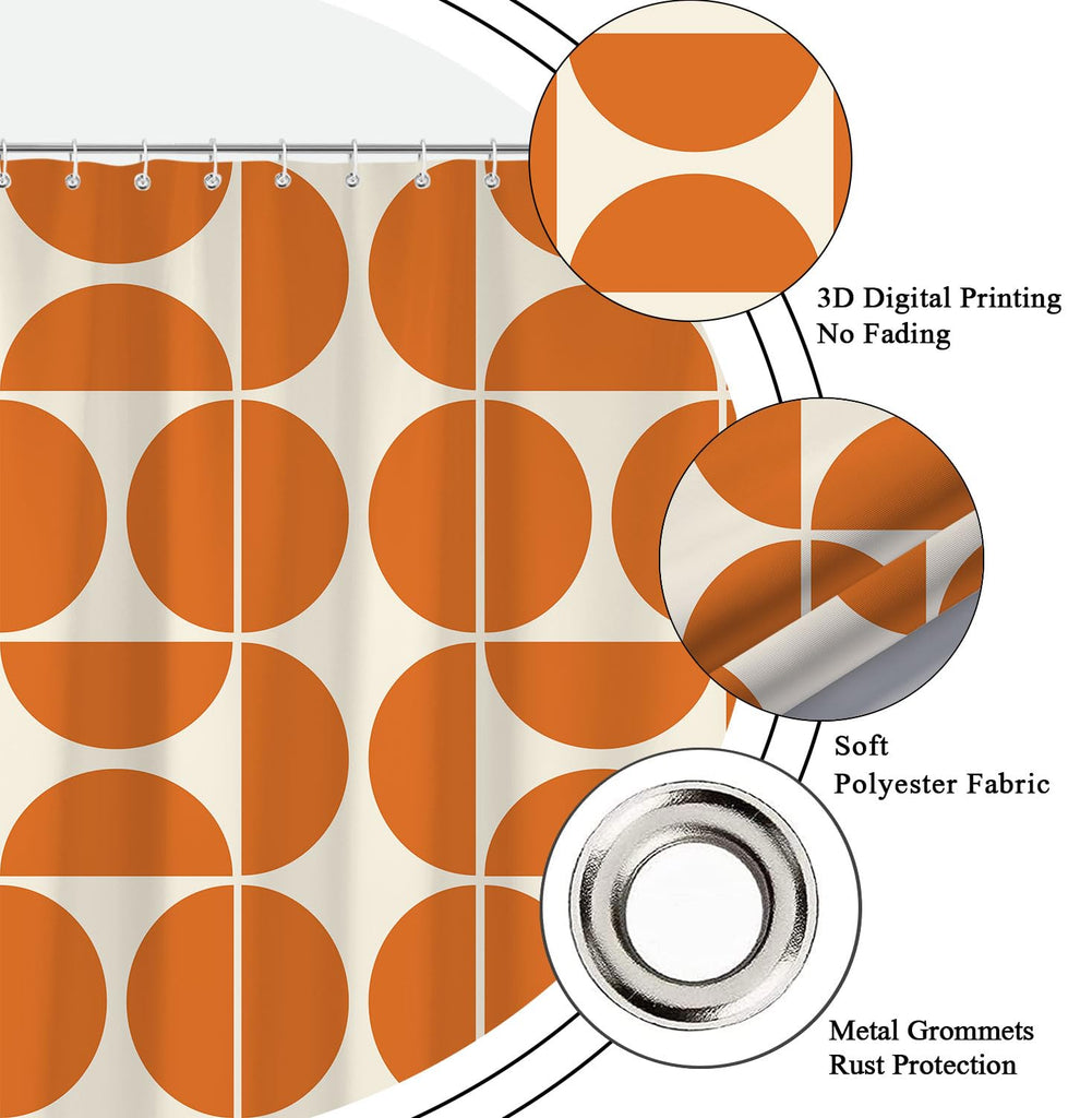 Orange Mid Century Modern Shower Curtain, Boho Abstract Geometric Retro Art Bath Curtains, Colorful Unique Pattern
