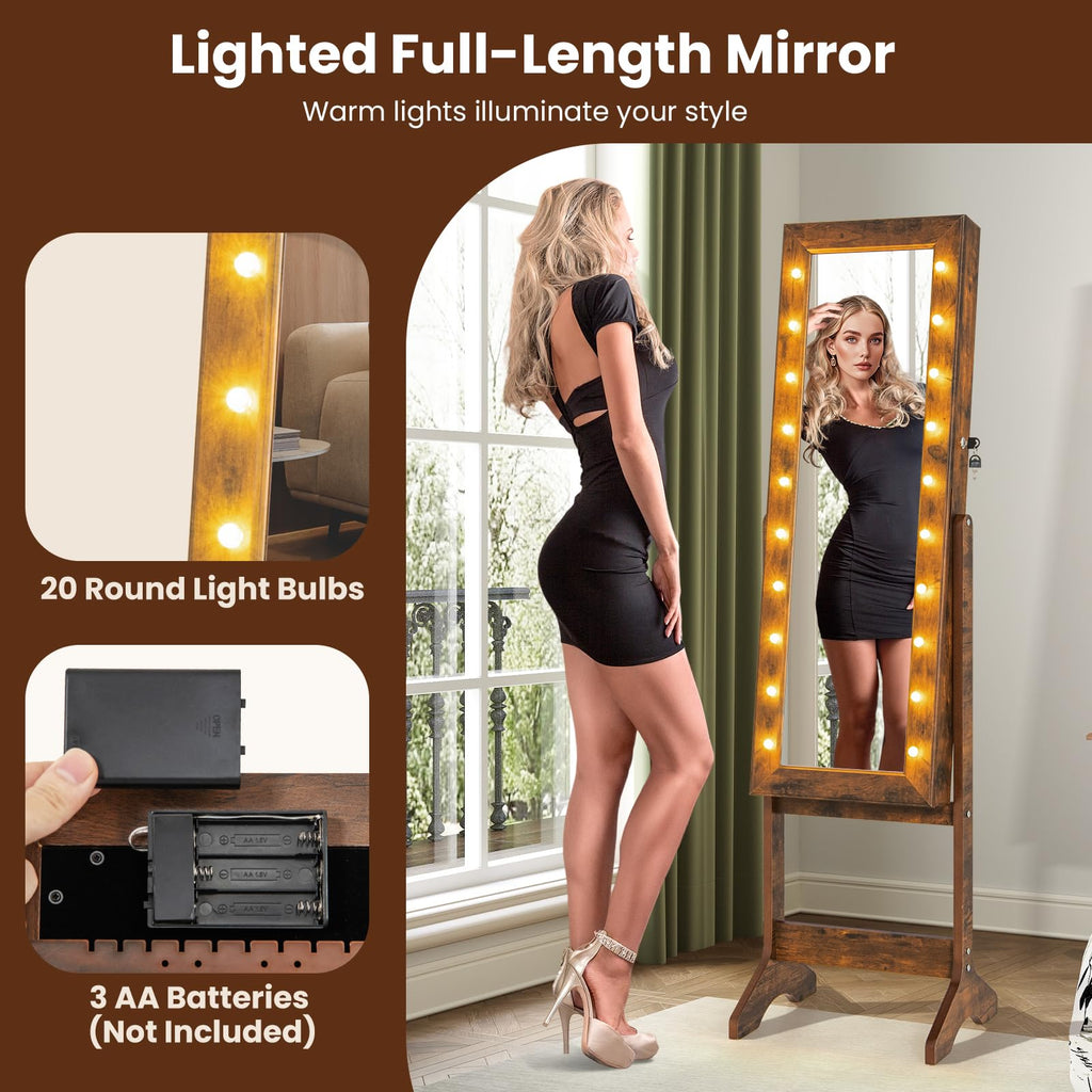 Standing Jewelry Armoire with Full Length Mirror, 20 LED Lights