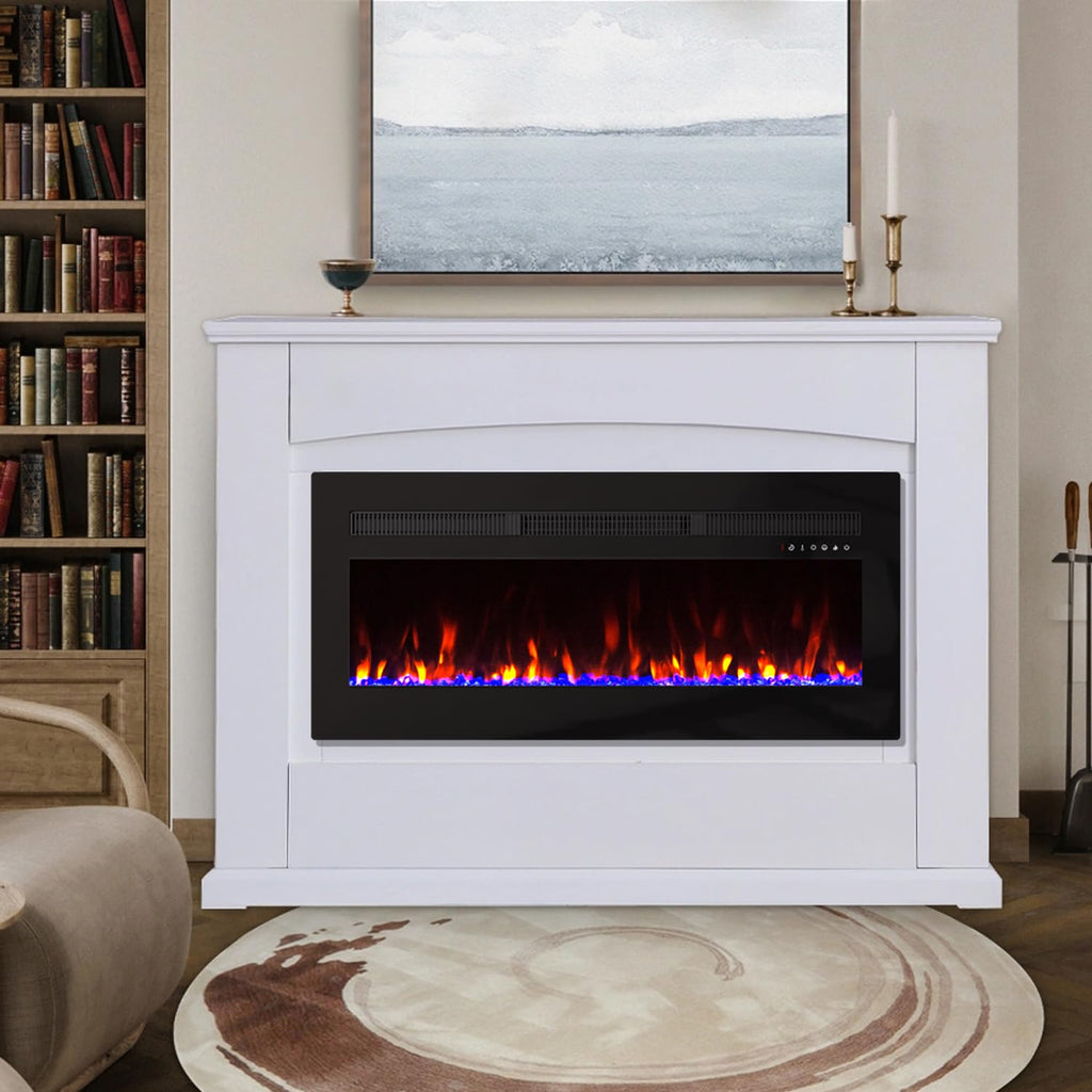 Electric Fireplace Heater Wall Mounted, 50 inch Wide Recessed Electric Fireplace, 1400W, 8H Timer, 20 Color Flame