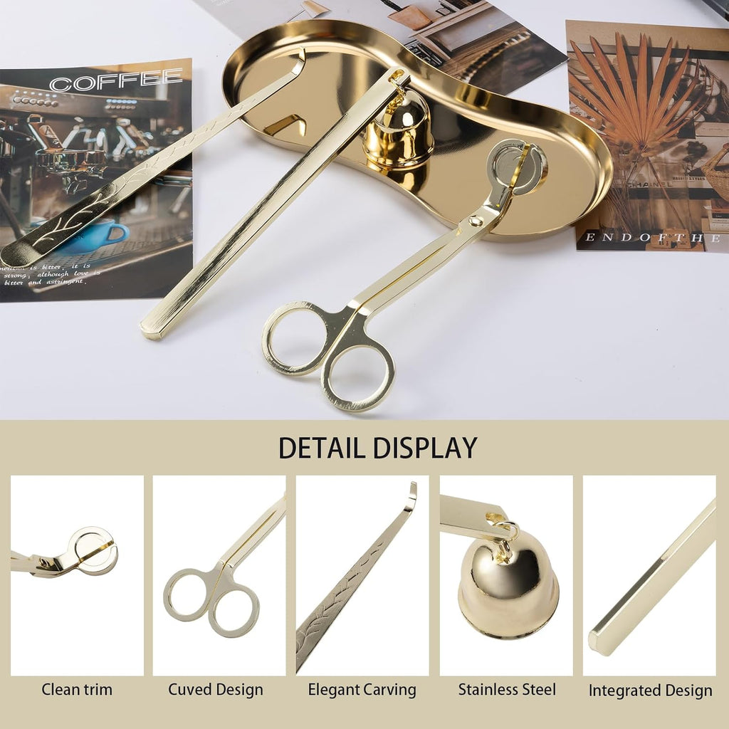 Gold Essential Candle Accessory Set, Precision Wick Trimmer Elegant Wick Dipper, Stylish Snuffer Tray Holder - Set of 4