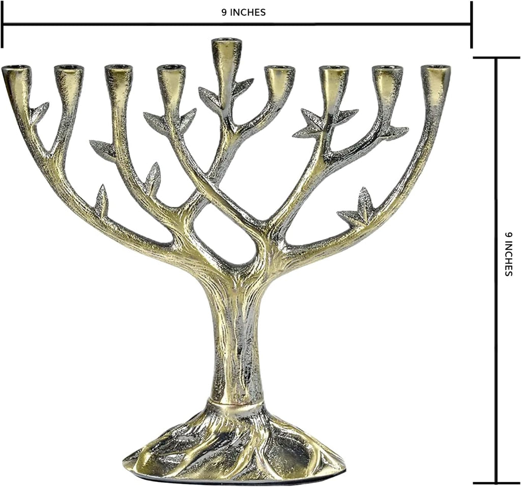 Hanukkah Tree of Life 9 Branch Candle Holder - Tall Textured Antiqued Bronze & Silver Finish Jewish Candlestick