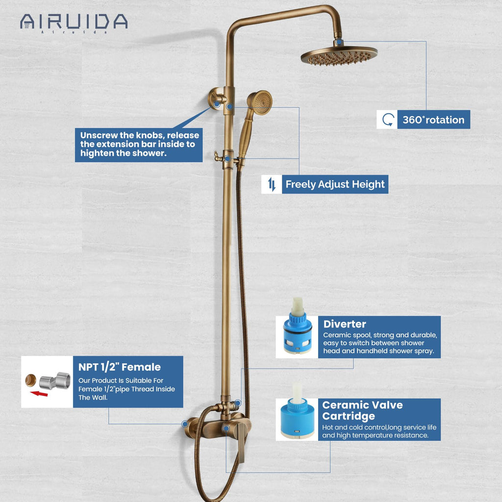 Antique Brass Exposed Shower System with Handheld Spray