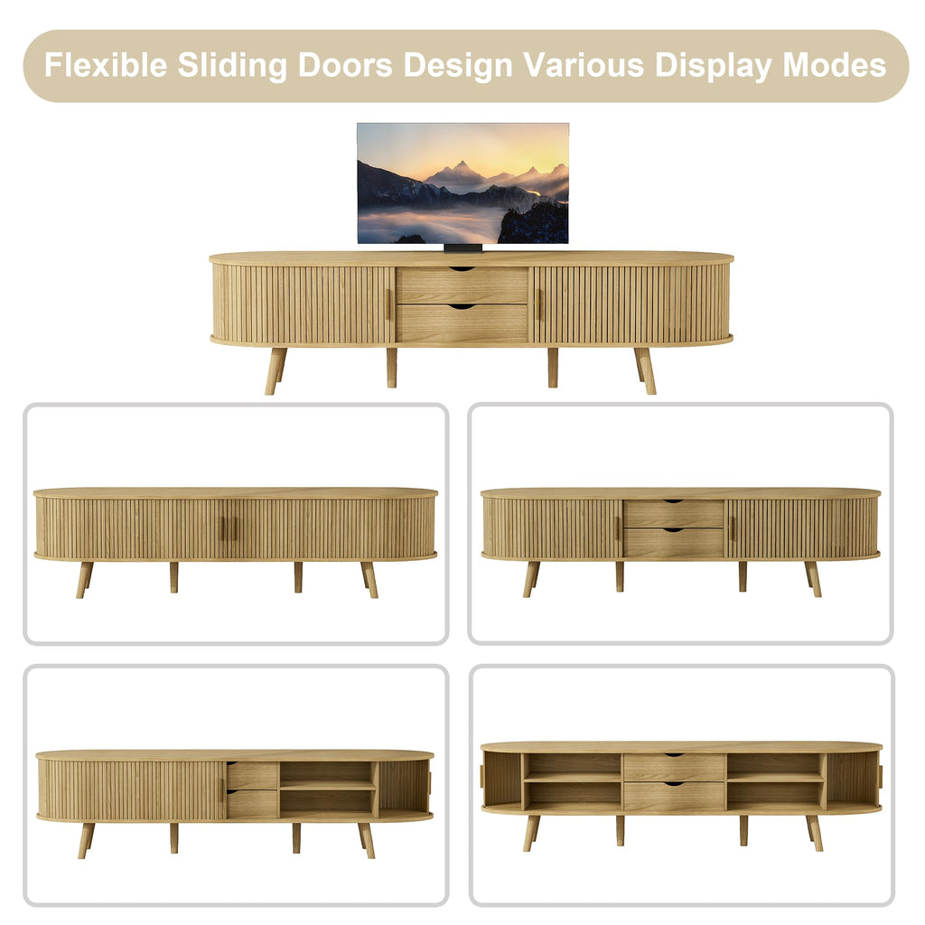 69" Fluted TV Stand, Mid Century Modern TV Stand Fits TVs Up to 75", Wood Entertainment Center, Farmhouse TV and