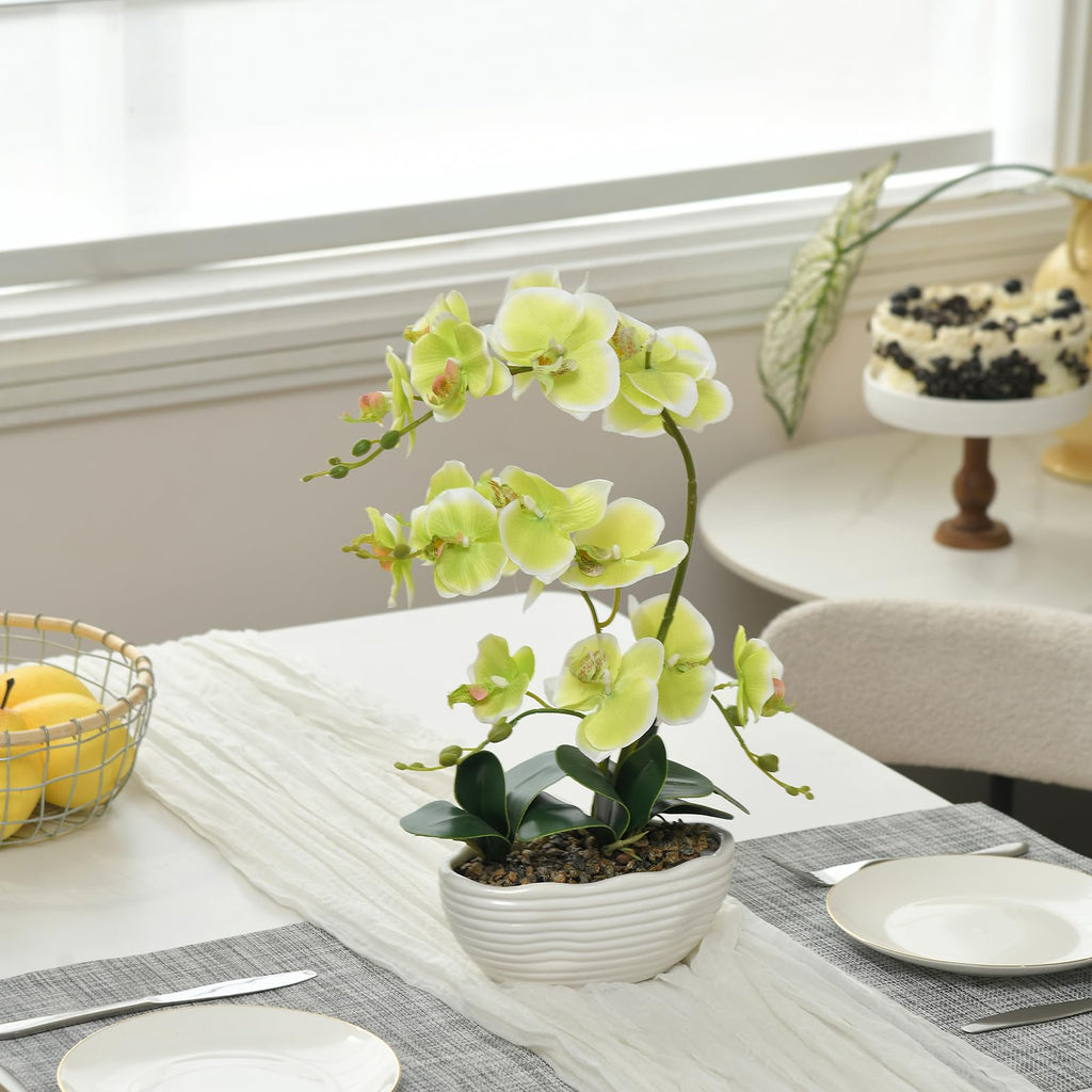 Large Silk Orchid in Wave Pot 19" Phalaenopsis Plant for Table, Apple Green